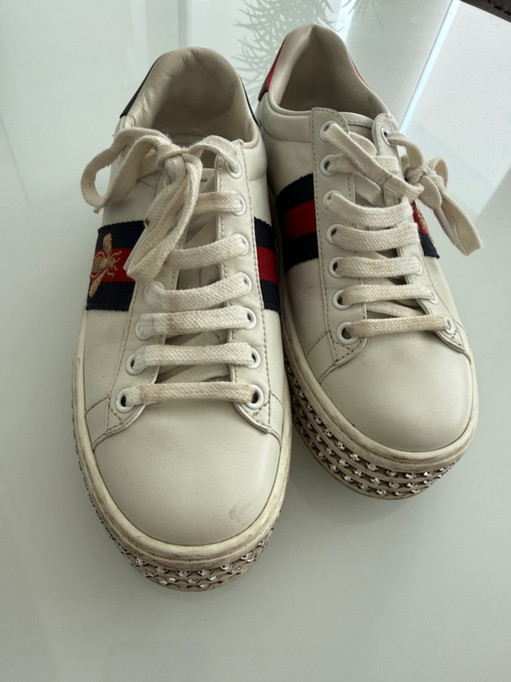 Gucci Off-White Leather Sneakers with Red & Blue Web Stripe and Gold Bee - Picture 2 of 2